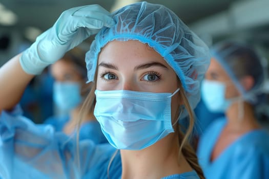 A female surgeon, in sports gear, is donning personal protective equipment including a mask and gloves before putting on a surgical cap for a medical procedure
