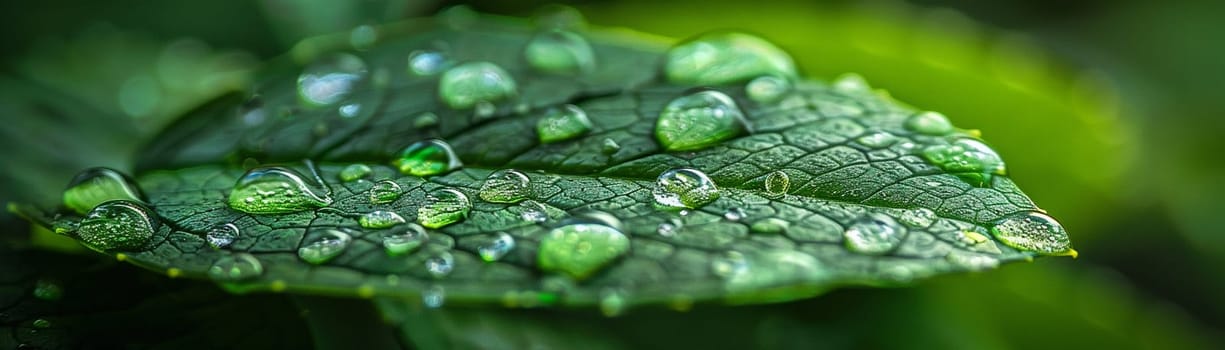 Close-up of raindrops on a vibrant green leaf, illustrating life and refreshment.