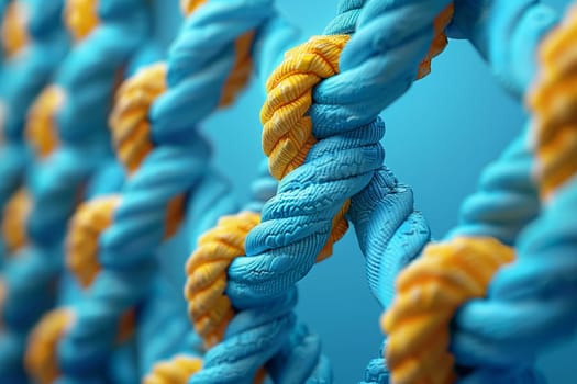 A closeup of a vibrant azure and orange rope with a unique pattern on a blue textile background, resembling an electric blue organism art piece