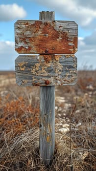 A weathered wooden signpost in a rural setting, pointing in multiple directions, evoking choice and adventure.