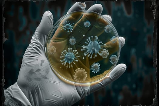 A hand wearing a stylish fashion accessory is holding a petri dish filled with bacteria, creating a unique artistic pattern in the circle of science