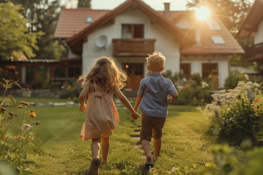 A boy and a girl stroll hand in hand towards a charming house surrounded by lush greenery. They enjoy the natural landscape, filled with trees, grass, and shrubs