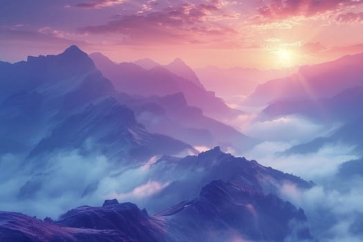 Misty mountain range at dawn, ideal for tranquil and majestic background themes.