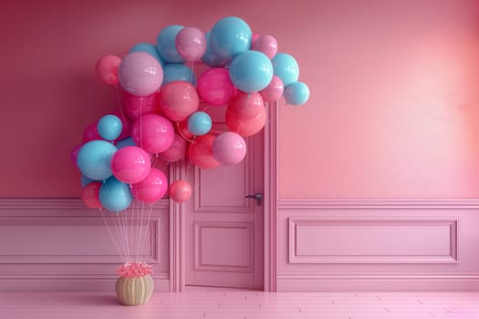 A variety of pink and violet balloons are decoratively hung on a pink wall, creating a festive and happy atmosphere. Perfect for any event or party decoration