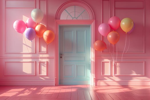 A room with pink walls and a blue door, filled with balloons. The orange fixture contrasts beautifully with the wood window frames in the houses interior design
