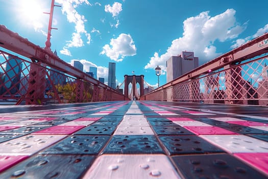 A bridge with a checkered floor set against an electric blue sky, showcasing urban design and symmetry with the city in the background