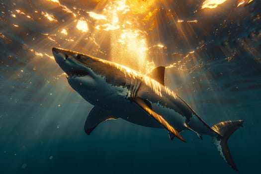 A Lamnidae shark, specifically a great white shark, is gracefully swimming in the fluid underwater environment with the sun shining through the water