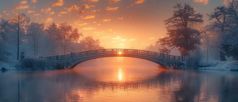 A bridge spanning a tranquil river at sunrise, connecting two shores and symbolizing passage.