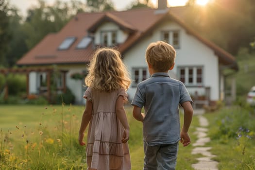 A boy and a girl stroll hand in hand towards a charming house surrounded by lush greenery. They are happy, with trees, grass, and a meadow around them