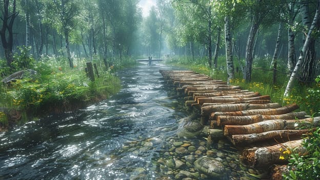 A rustic wooden bridge over a forest stream, evoking adventure and exploration.