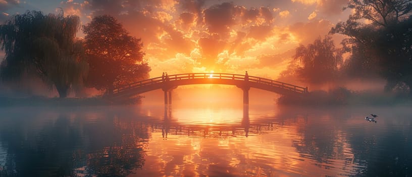 A bridge spanning a tranquil river at sunrise, connecting two shores and symbolizing passage.