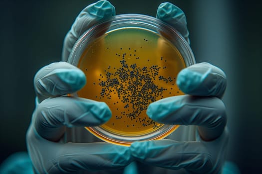 A person wearing gloves is delicately holding a petri dish filled with bacteria under macro photography. The scene resembles a unique art piece with electric blue hues