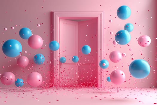An azure door stands out against a backdrop of pink and aqua balloons, confetti, and liquid magenta accents, creating a vibrant art piece