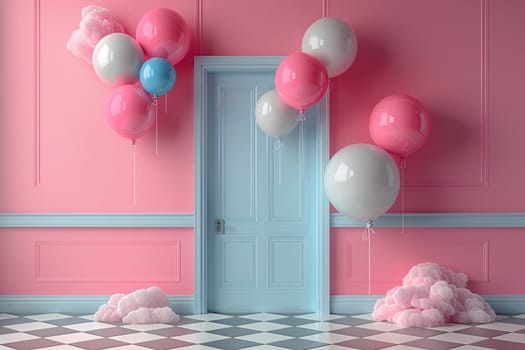 A room with light pink walls, a vibrant magenta door adorned with balloons. The party supply adds a pop of color to the happy event, with violet flooring and a window letting in natural light