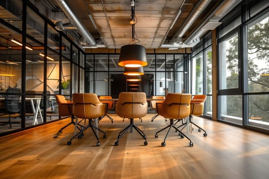 A conference room in a building with hardwood flooring and a table surrounded by chairs. The room features a window, ceiling, and laminate flooring