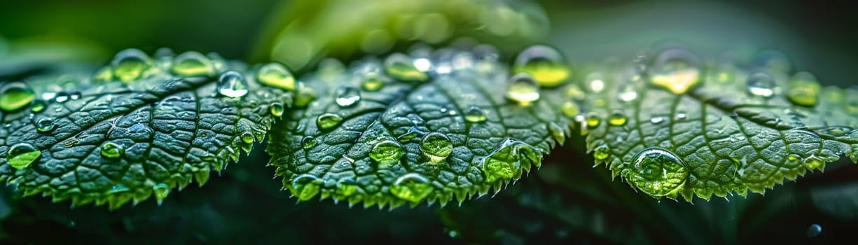 Close-up of raindrops on a vibrant green leaf, illustrating life and refreshment.