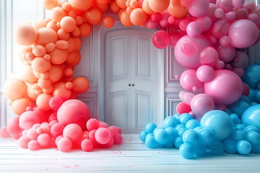 A collection of vibrant balloons in shades of pink, magenta, and electric blue are displayed in front of a door as a fashionable art fixture for a natural material themed event