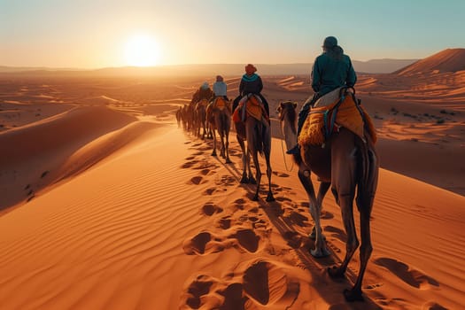 A group of travelers are journeying through the aeolian landscape on camels at sunset, admiring the natural environment and vast sandy horizon