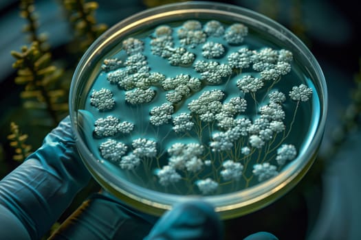 A person is holding a petri dish filled with electric blue bacteria suspended in liquid. The circle of glass reflects a mesmerizing pattern resembling a piece of art