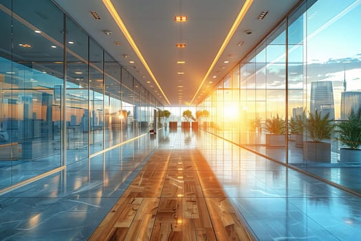 The sunlight filters through the glass windows of the office building, casting tints and shades on the wooden flooring, creating a symmetrical pattern in the cityscape