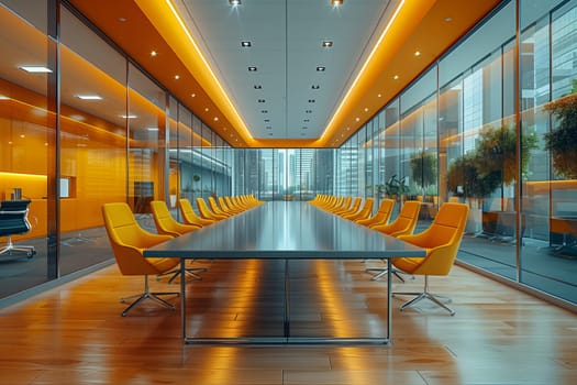 The conference room in the building has a long table surrounded by yellow chairs. The interior design includes windows and a mode of transport. The flooring adds to the leisure atmosphere