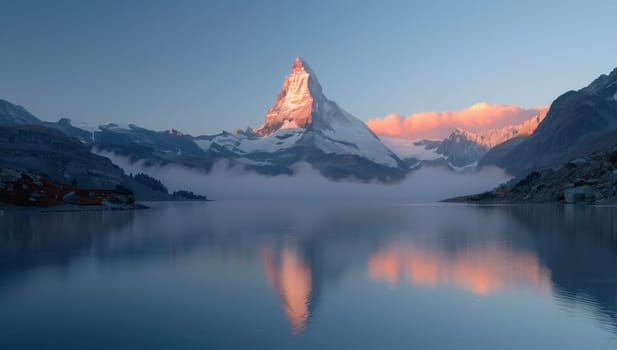 At sunset, a magnificent mountain is mirrored in the tranquil waters of a lake, creating a breathtaking natural landscape with a snowy peak and vibrant sky