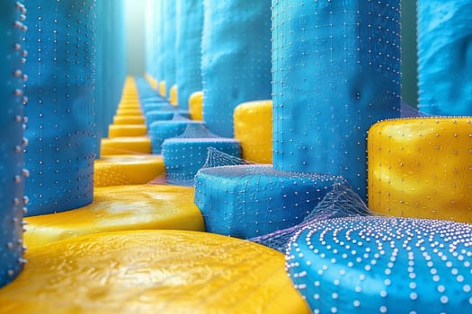 A row of azure and liquid yellow foam blocks create a maze in the room, resembling an art piece with electric blue and aqua colors