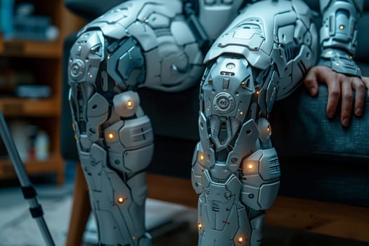 A fictional character in an electric blue robotic suit is comfortably seated on a couch, blending art and technology in the darkness with intricate patterns on the sleeves