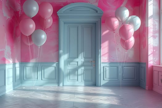 A room in a building with magenta walls, pink balloons hanging from the ceiling, and electric blue flooring. The decorations create an artsy atmosphere for the event