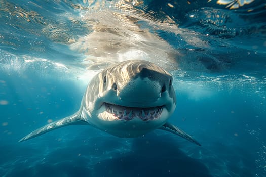 A Lamnidae shark, specifically a great white shark belonging to the Lamniformes order, is swimming in the liquid Water, with its impressive fin and jaw on display as it smiles at the camera