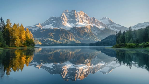 A majestic mountain is mirrored in the tranquil waters of a lake, encircled by lush trees, beneath a clear sky, creating a picturesque natural landscape