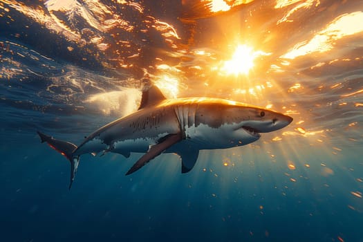 A Lamnidae shark, specifically a great white shark, with its iconic fin, swims gracefully underwater in the liquid realm of the ocean at sunset