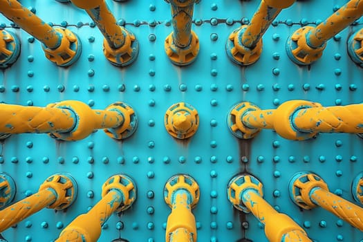 A close up of a metal structure in shades of green, blue, and yellow resembling an organism. The intricate design combines aqua and electric blue accents, showcasing modern technology