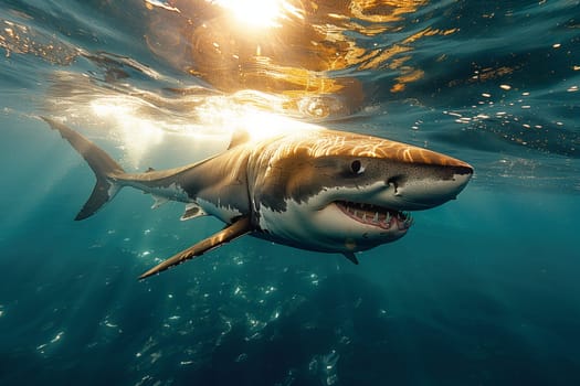 A member of the Lamnidae family, the great white shark, a type of Lamniformes, gracefully swims through the liquid realm of the ocean, showcasing its powerful fin as a formidable apex predator