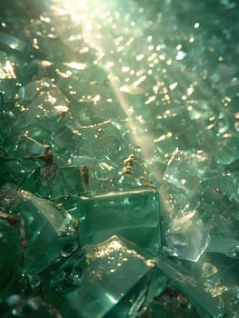 A close up of shattered glass with sunlight filtering through, creating a beautiful pattern of light and shadows on the ground