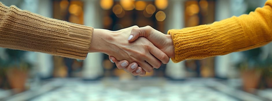 Two individuals are performing a handshake outside a wooden building. Their thumbs, fingers, and wrists are engaged in the gesture, showing unity and respect in this event