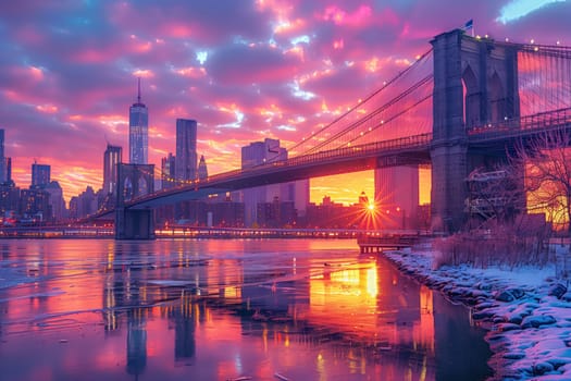 A picturesque scene of a bridge over tranquil waters with a stunning city skyline at sunset, the perfect blend of natural landscape and urban architecture