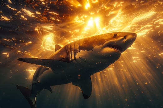 A Lamnidae, or great white shark, is gliding through the underwater world with the suns rays illuminating its sleek body, powerful jaw, and fin as it hunts for fish