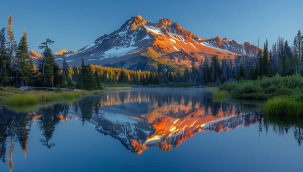 A snowcovered mountain is beautifully reflected in the calm waters of a lake, surrounded by lush green trees on its banks, creating a stunning natural landscape