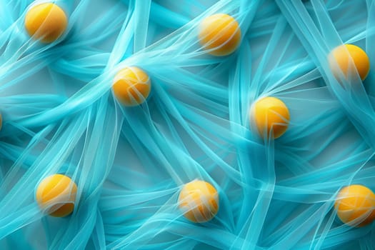 A detailed shot of a vibrant blue fabric adorned with bright yellow tennis balls, creating a striking and colorful pattern resembling a field of flowers