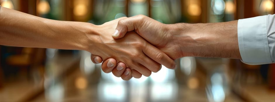 A man and a woman in formal wear are sharing a handshake gesture in a hallway, their electric blue nails and wrist accessories adding a touch of elegance