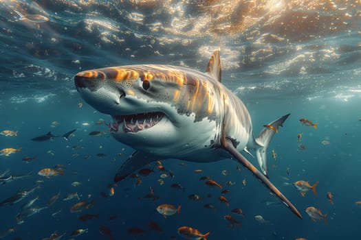 A great white shark, a Requiem shark of the Lamnidae family, is swimming in the liquid environment of the ocean, surrounded by other fish