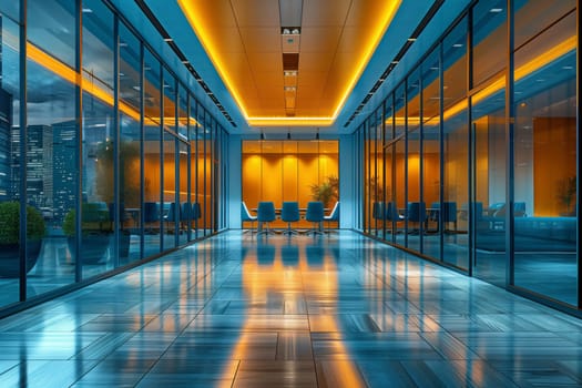 The building features a long hallway with azuretinted windows and electric blue lighting fixtures on the ceiling, creating a symmetrical and artfilled space in the city