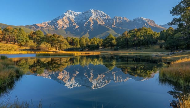 A majestic mountain is mirrored in the serene waters of a lake, encircled by lush trees creating a stunning natural landscape