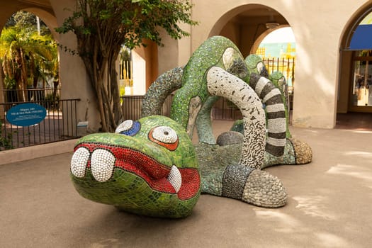 Colorful Mosaic animal Sculpture Dragon Nikigator Near Mingei Museum, Balboa Park Created By French American Sculptor Niki De Saint Phalle. Horizontal. San Diego, Usa. March 13, 2024