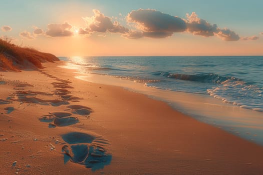 Gentle footprints in the sand leading towards the ocean, symbolizing journey and exploration.