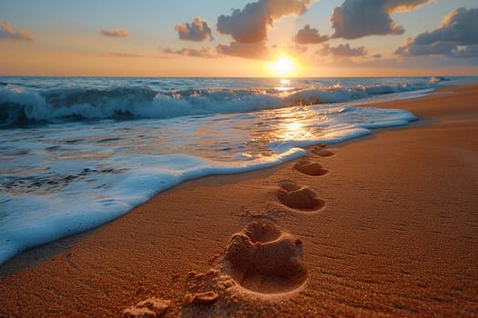 Gentle footprints in the sand leading towards the ocean, symbolizing journey and exploration.