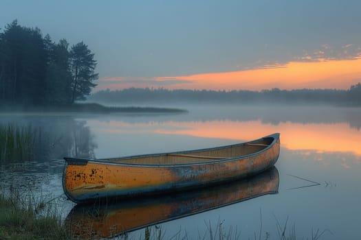 The peaceful solitude of a canoe on a misty lake at dawn, symbolizing tranquility and reflection.