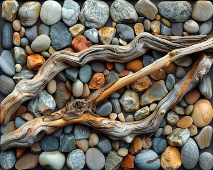 The contrasting textures of smooth pebbles and rough driftwood on a beach, showcasing natural diversity.