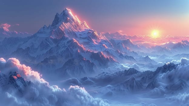 Misty mountain range at dawn, ideal for tranquil and majestic background themes.